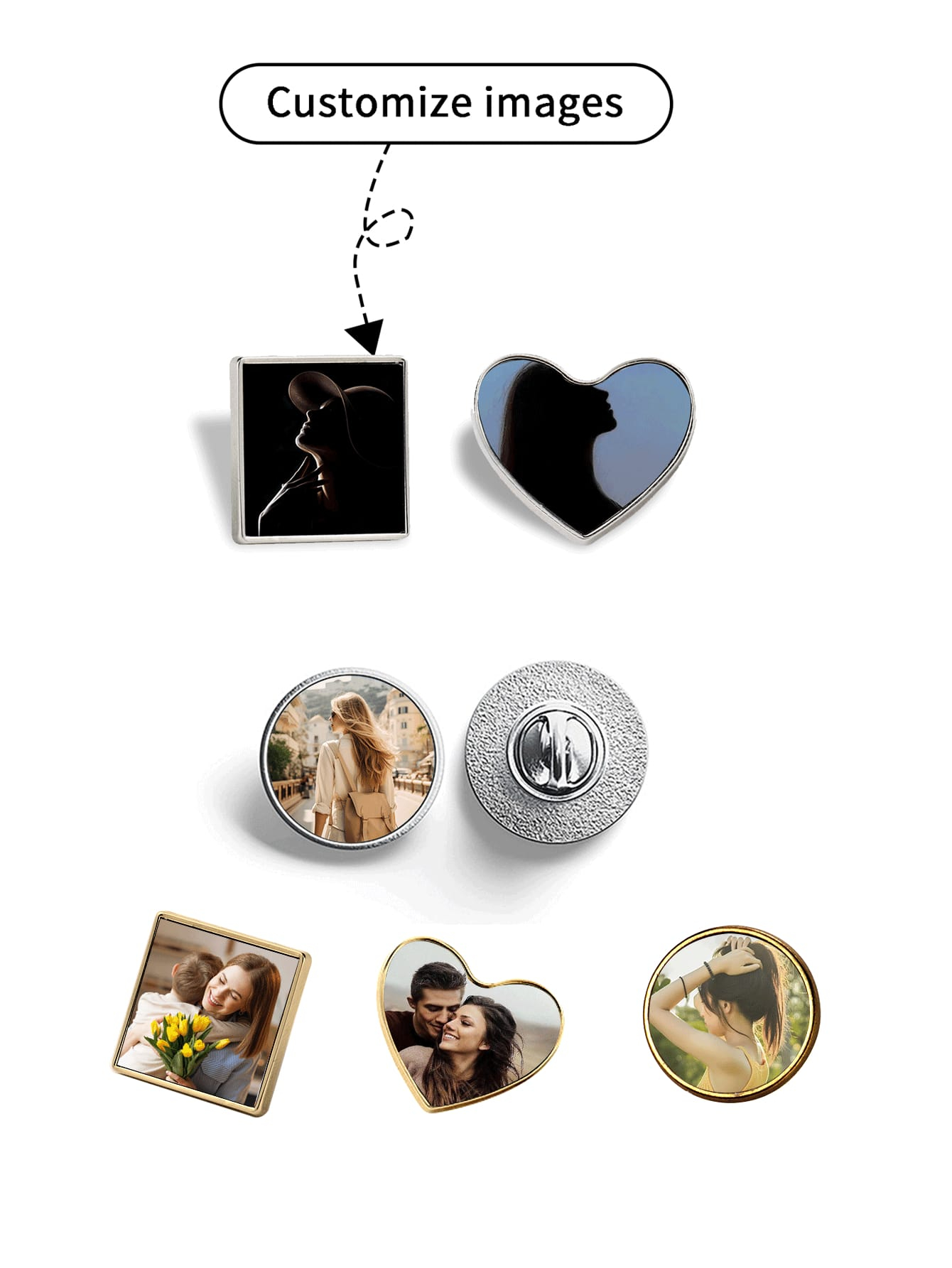 Brooch Pin Gold - Spilla personalizzata in metallo oro/argento: rotonda,